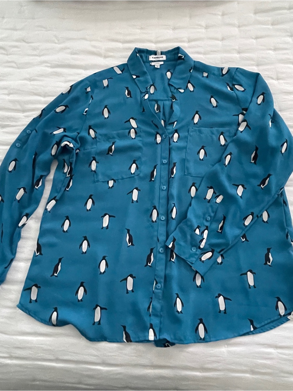Express Portofino Blue Penguin Print Button-Up Shirt - Women XL - Picture 2 of 7